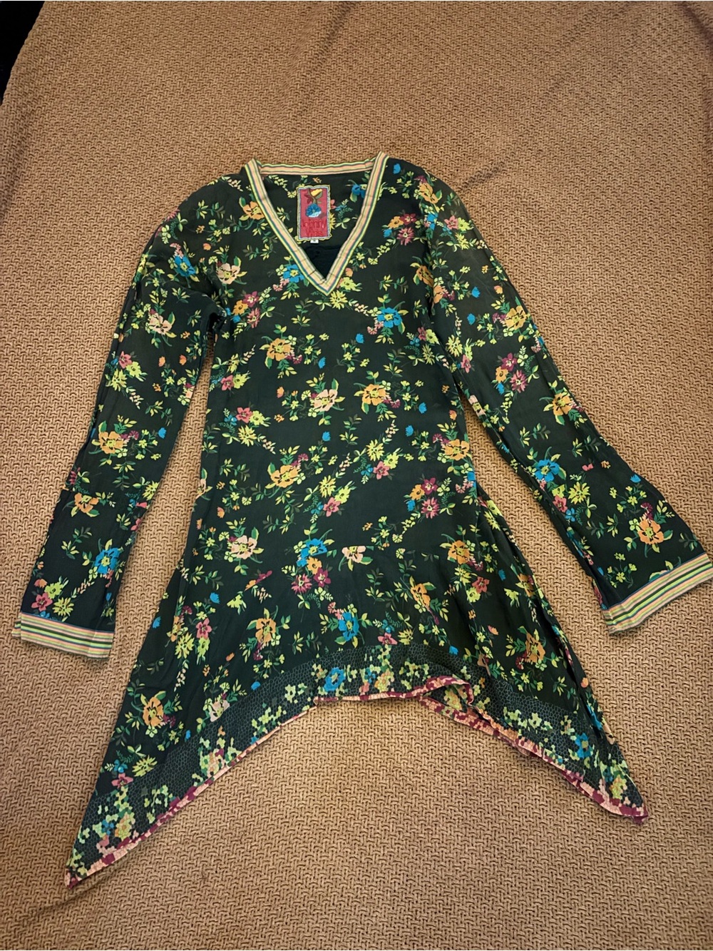 Johnny Was Vintage Floral V-Neck Handkerchief Hem Dress Tunic Top